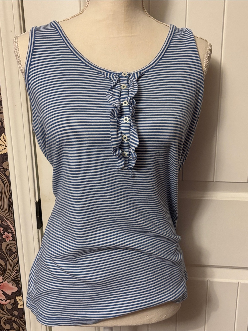 Lands' End Blue & White Striped Ruffle Henley Tank, large